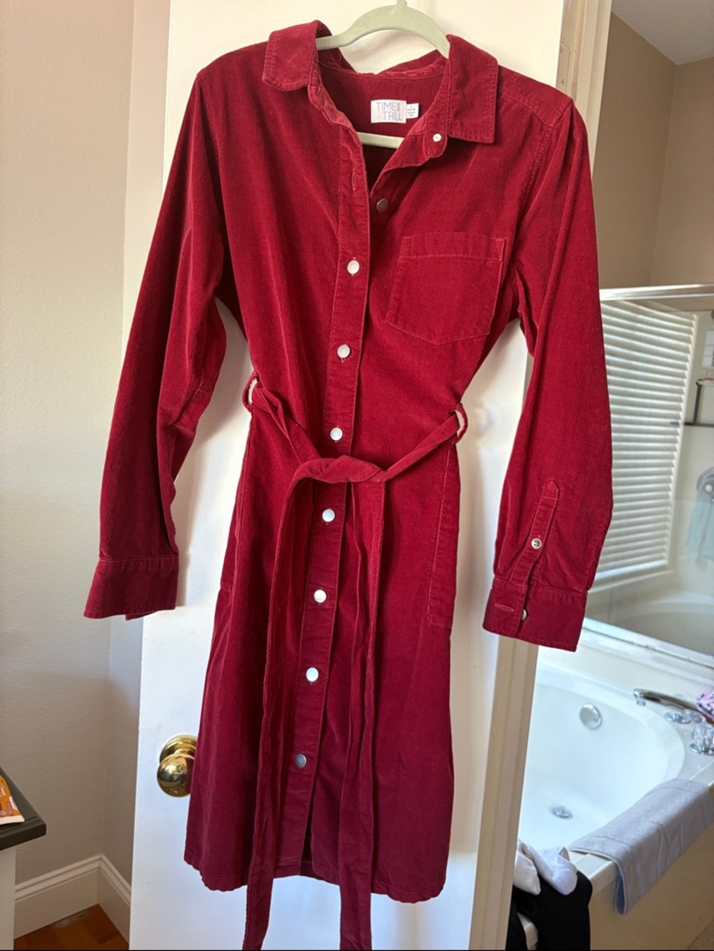 Time and Tru Red Corduroy Shirt Dress with Belt